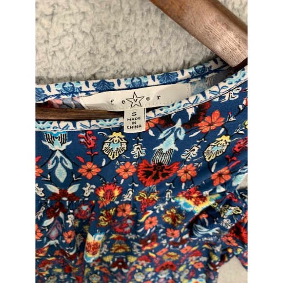 Women's Small (S) Fever Cold Shoulder Colorful Floral Blue Orange Red Blouse Top - Picture 2 of 16
